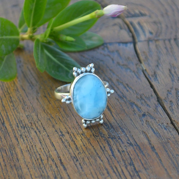 Natural Dominican Larimar Gemstone Ring, 925 Sterling Silver Ring, Designer Handmade Ring, Atlantic Blue Birthstone Ring Gift Jewelry
