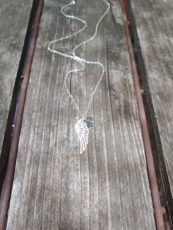Angel Wing And Real Moldavite 8mm Pendant Necklace. Tektite Necklace.  Sterling Silver Only