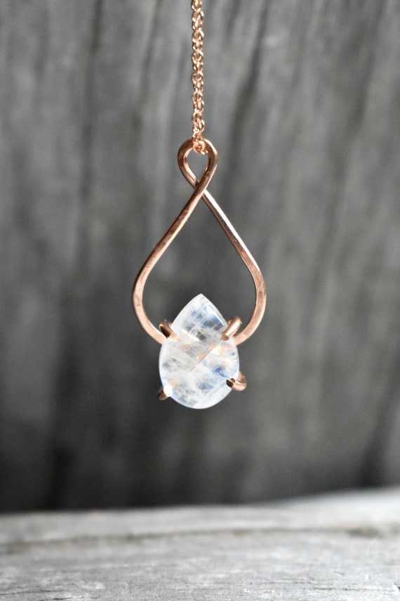Moonstone Pendant Necklace, Teardrop Gemstone In 14k Rose Gold Fill Jewelry, Infinity Pendant Birthday Gift, Your Coice Of Necklace Length