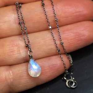 Moonstone pendant, rainbow moon stone necklace, tiny drop, tarnished silver, satellite chain, June birthday | Natural genuine Moonstone pendants. Buy crystal jewelry, handmade handcrafted artisan jewelry for women.  Unique handmade gift ideas. #jewelry #beadedpendants #beadedjewelry #gift #shopping #handmadejewelry #fashion #style #product #pendants #affiliate #ad