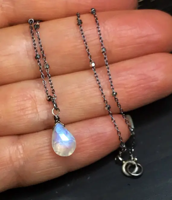 Moonstone Pendant, Rainbow Moon Stone Necklace, Tiny Drop, Tarnished Silver, Satellite Chain, June Birthday