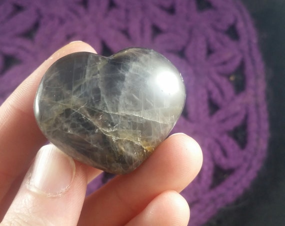 Black Moonstone Pocket Heart Crystals Small Stones Crystal Grid Polished Moon Stone Rare Silver Shimmer Chatoyant
