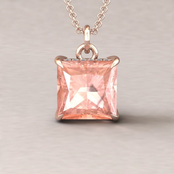 Princess Cut Morganite Pendant, Fang Prongs, Hidden Diamond Halo, Lifetime Care Plan Included, Genuine Gems And Diamonds Ls5737