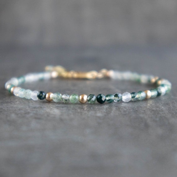 Moss Agate Bracelet, Handmade Beaded Crystal Bracelets For Women, Green Moss Agate Jewelry, Gift For Her In Gold & Sterling Silver