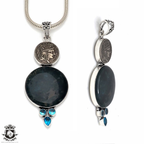 Moss Agate Reissued Russian Coin Gemstone Sterling Silver Pendant & Free 3mm Italian 925 Sterling Silver Chain P8644