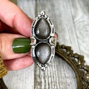 Mystic Moons Silver Sheen Obsidian Crystal Ring in Solid Sterling Silver- Designed by FOXLARK Collection Size 5 6 7 8 9 10 11 Adjustable | Natural genuine Obsidian rings, simple unique handcrafted gemstone rings. #rings #jewelry #shopping #gift #handmade #fashion #style #affiliate #ad