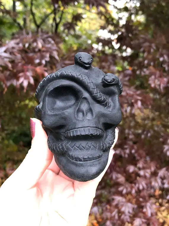 Black Obsidian Crystal Skull With Snake Carving For Halloween, Spooky Season, Shadow Work, Altars, Connecting To Ancestors, Transformation