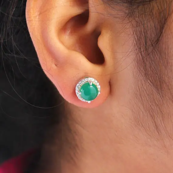Green Onyx Stud Earrings -green Onyx Cluster Earrings-onyx Dainty Art Deco Studs-bridesmaid Gift -925 Silver Stud-onyx Round Halo Studs