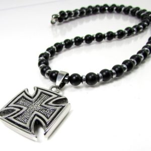 Shop Onyx Necklaces! Black Matte Onyx Mens Necklace with Maltese Cross, Stainless Steel Cross Necklace, Mens Gemstone Necklace, Maltese Cross Necklace for Men | Natural genuine Onyx necklaces. Buy handcrafted artisan men's jewelry, gifts for men.  Unique handmade mens fashion accessories. #jewelry #beadednecklaces #beadedjewelry #shopping #gift #handmadejewelry #necklaces #affiliate #ad