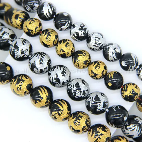 Black Onyx Carved Dragon Beads 10mm 12mm 14mm Aaa, Natural Black Beads Carving Chinese Dragon Charms, Gold Dragon Beads, Silver Dragon Beads