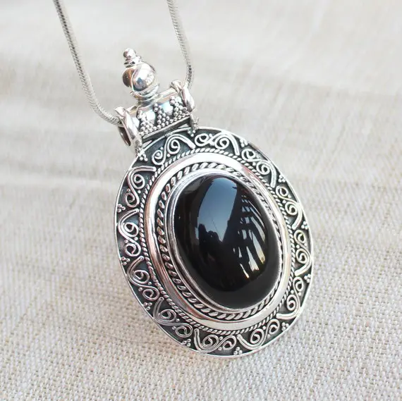 Black Onyx Pendant, Sterling Silver Necklace, Gift For Her, Statement Jewelry, Anniversary Gift Ideas, Wedding Jewelry, Boho Necklaces