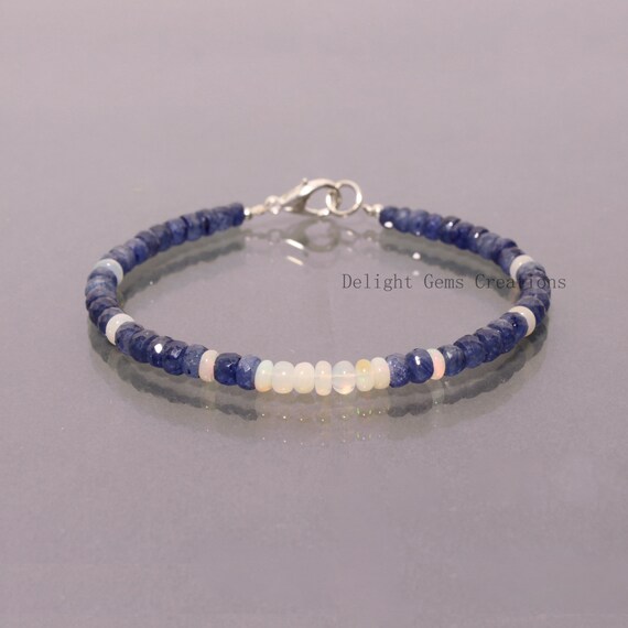 Natural Blue Sapphire+ Ethiopian Opal Beaded Bracelet, 5mm Faceted/plain Beads Bracelet, Gemstone Bracelet, Aaa++ Party Wear Women Bracelet