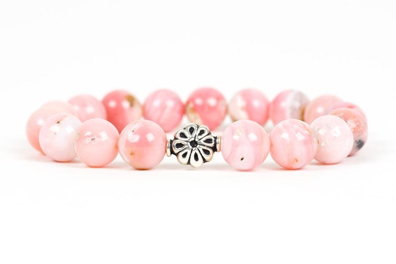 Pink Opal Bracelet, Peruvian Opal Genuine Gemstone Stretch Handmade Jewelry, Handmade Gemstone Jewelry