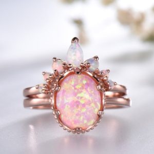 Opal Wedding Ring Set Oval Pink Fire Opal Engagement Ring Vintage Sterling Silver Ring Opal Matching Band Promise Ring Bridal Set | Natural genuine Gemstone rings, simple unique alternative gemstone engagement rings. #rings #jewelry #bridal #wedding #jewelryaccessories #engagementrings #weddingideas #affiliate #ad