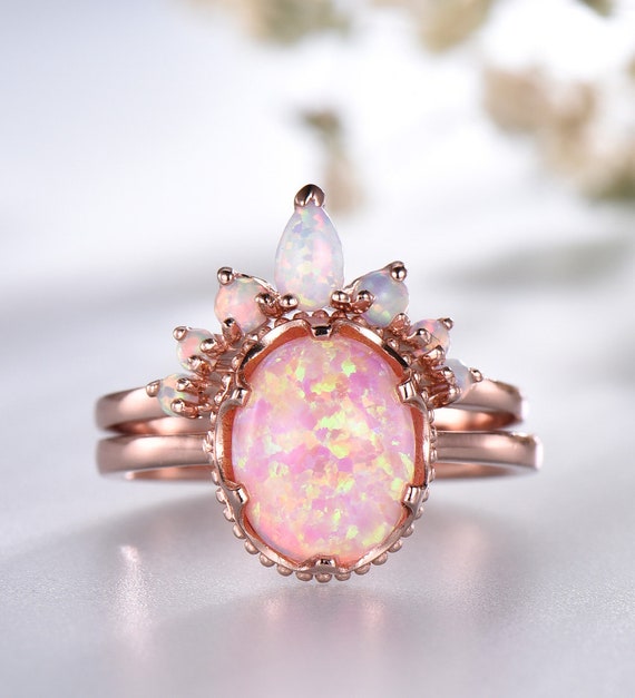 Opal Wedding Ring Set Oval Pink Fire Opal Engagement Ring Vintage Sterling Silver Ring Opal Matching Band Promise Ring Bridal Set