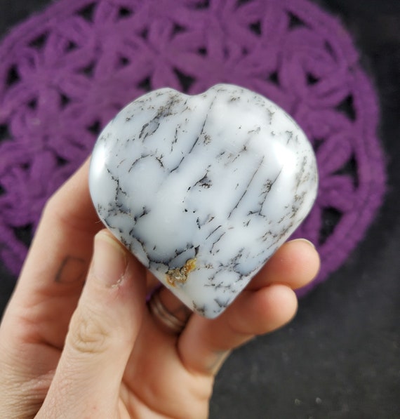 Dendritic Opal Heart Crystal Polished Stones Crystals Natural Yellow Grey Madagascar Heart Shaped Carving Dendrite