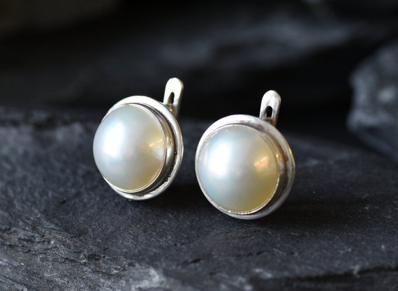 Mabe Pearl Earrings, Natural Pearl, Large Pearl Studs, June Birthstone, Statement Earrings, Rainbow Pearl Earrings, Solid Silver, Mabe Pearl
