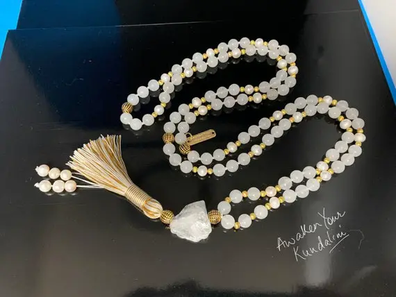 Pearl Necklace Moon  Women Jewelry Semi Precious Mala Beads 108, Knotted Prayer Beads, Relationship Gifts, Meditation, Japa, Yoga