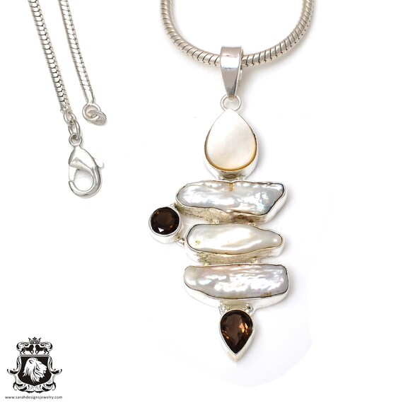 Pearl Smoky Topaz 925 Sterling Silver Pendant & 3mm Italian 925 Sterling Silver Chain P7606