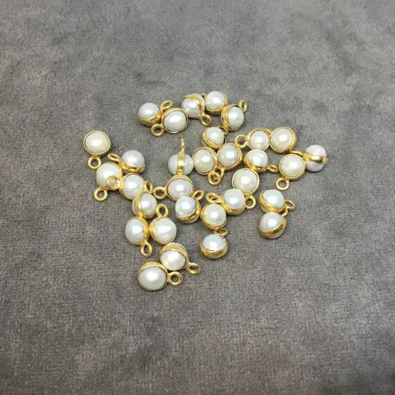 Gold Plated Smooth Natural White Freshwater Pearl Bezel Pendant Or Connector - 5-6mm And 8-9mm - Individually