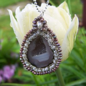 Shop Pearl Pendants! Rare  Large Geode druzy, Freshwater  seed pearl,  sterling silver coil  wrapped pendant necklace | Natural genuine Pearl pendants. Buy crystal jewelry, handmade handcrafted artisan jewelry for women.  Unique handmade gift ideas. #jewelry #beadedpendants #beadedjewelry #gift #shopping #handmadejewelry #fashion #style #product #pendants #affiliate #ad