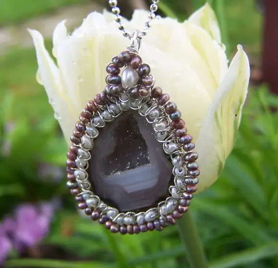 Rare  Large Geode Druzy, Freshwater  Seed Pearl,  Sterling Silver Coil  Wrapped Pendant Necklace