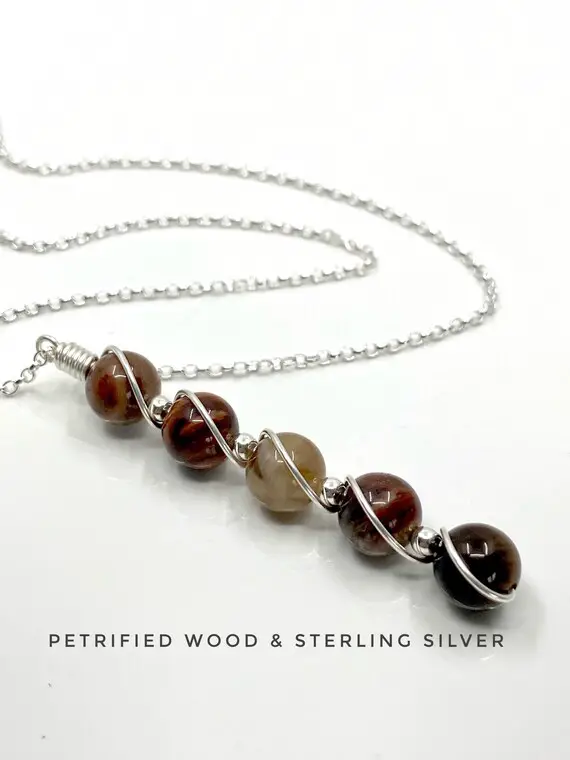 Wooden Necklace, Petrified Wood, Crystal Necklace, 925 Sterling Silver, Nature Necklace