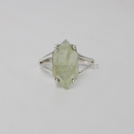 Natural Prehnite Ring | Engagement Ring | 8x15 Mm Hexagon Prehnite Ring | Statement Rings | Green Prehnite Ring | Rings For Her | Gift Ring