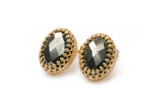 Pyrite Earrings · Iron Pyrite Stud Earrings · Faceted Gemstone Earrings · Rose Gold Earrings · 14k Custom Gold Earrings