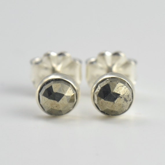 Golden Pyrite Rose Cut  4mm Sterling Silver Stud Earrings Pair