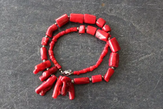 Red Coral Necklace, Red Coral Barrel Nuggets Branches, Pyrite Beads, Red Coral Statement, Coral Jewelry, Red Necklace, Chunky Red