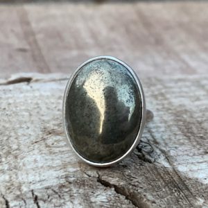 Edgy Oval Pyrite Sterling Silver Statement Ring | Made to Order | Boho | Rocker | Pyrite Ring | Gold and Silver Ring | Gifts for Her | Natural genuine Gemstone rings, simple unique handcrafted gemstone rings. #rings #jewelry #shopping #gift #handmade #fashion #style #affiliate #ad
