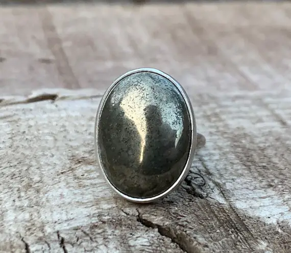 Edgy Oval Pyrite Sterling Silver Statement Ring | Made To Order | Boho | Rocker | Pyrite Ring | Gold And Silver Ring | Gifts For Her