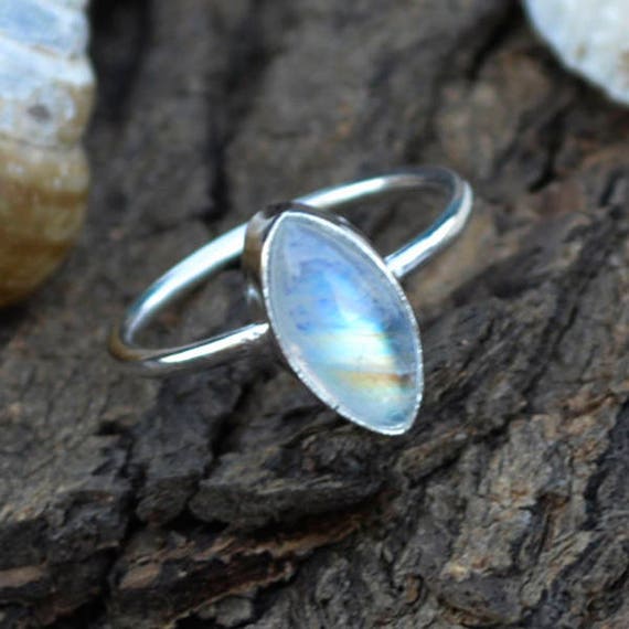 Misty Rainbow Moonstone Gemstone Ring, 925 Sterling Silver Ring, Blue Fire Moonstone Gemstone Ring, June Birthstone Tiny Ring, Gift For Love