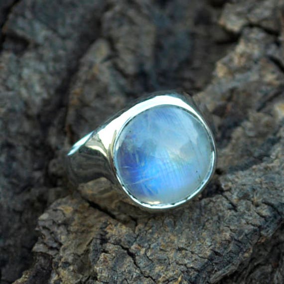 Natural Rainbow Moonstone Gemstone Ring, 925 Sterling Silver Ring, Round Stone Ring, June Birthstone Ring, Men's Gift Ring, Lovely Gift Idea