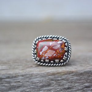Red Gemstone Ring – Red Rhyolite Ring – Rhyolite Gemstone Ring- 925 Sterling Silver Ring – Gemstone Ring -Red Gemstone – Statement Ring | Natural genuine Rainforest Jasper rings, simple unique handcrafted gemstone rings. #rings #jewelry #shopping #gift #handmade #fashion #style #affiliate #ad