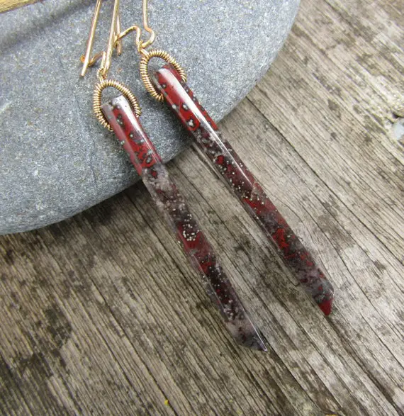 Red Jasper Stick, 14k Gold Fill Wrap Bail, Dangle Earrings
