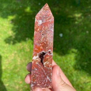 Shop Red Jasper Points & Wands! 4.2" Red Jasper Tower with Druzy Quartz Pockets, Polished Point, Self Standing Polished, Gift for Her, Gift for Friend #4 | Natural genuine stones & crystals in various shapes & sizes. Buy raw cut, tumbled, or polished gemstones for making jewelry or crystal healing energy vibration raising reiki stones. #crystals #gemstones #crystalhealing #crystalsandgemstones #energyhealing #affiliate #ad