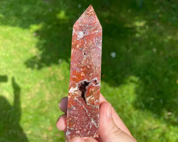 4.2" Red Jasper Tower With Druzy Quartz Pockets, Polished Point, Self Standing Polished, Gift For Her, Gift For Friend #4