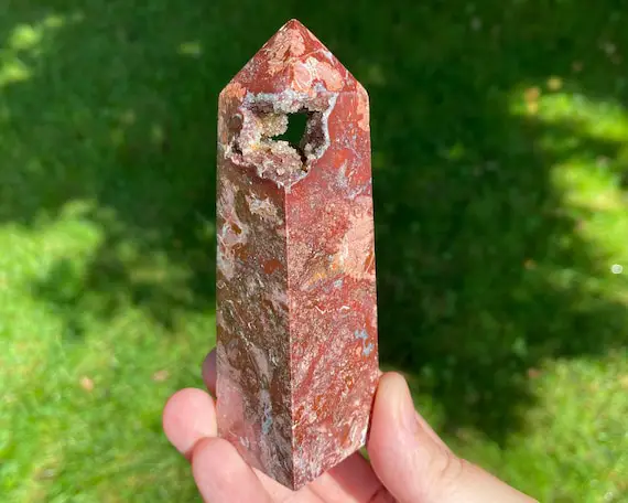 4.1" Red Jasper Tower With Druzy Quartz Pockets, Polished Point, Self Standing Polished, Gift For Her, Gift For Friend #1