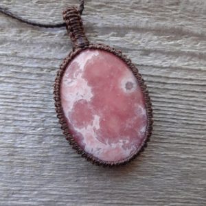 Shop Rhodochrosite Necklaces! Pink Rhodochrosite necklace, macrame necklace pendant, Heart Chakra necklace, PTSD crystal, anxiety relief jewelry | Natural genuine Rhodochrosite necklaces. Buy crystal jewelry, handmade handcrafted artisan jewelry for women.  Unique handmade gift ideas. #jewelry #beadednecklaces #beadedjewelry #gift #shopping #handmadejewelry #fashion #style #product #necklaces #affiliate #ad