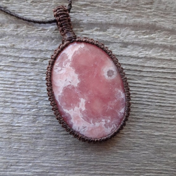 Pink Rhodochrosite Necklace, Macrame Necklace Pendant, Heart Chakra Necklace, Ptsd Crystal, Anxiety Relief Jewelry