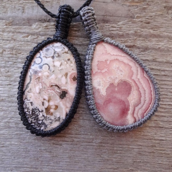 Pink Rhodochrosite Necklace, Gemstone Pendants, Macrame Pendant Necklace, Heart Chakra Stone, Positive Healing Stones