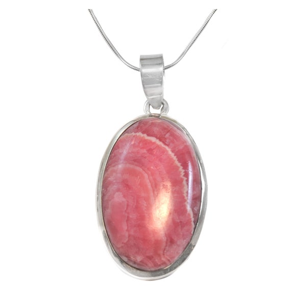 Rhodochrosite Pendant Necklace  Large Necklace Natural Pink Genuine  Contemporary Teardrop Sterling Silver Bezel Set Curb Chain 20