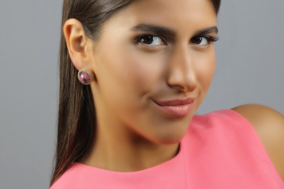 Pink Rhodonite Earrings · Large Stud Earrings · Gold Gemstone Earrings · Rhodonite Stud Earrings · 14k Gold Post Earrings For Women