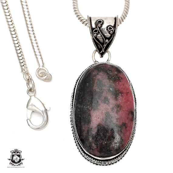 Rhodonite (new Jersey Usa Mined) Pendant & Free 3mm Italian 925 Sterling Silver Chain V1464