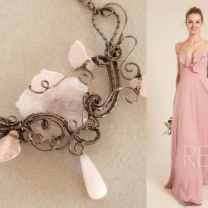 Floral wedding necklace, Wire wrapped statement jewelry, Rose quartz Pink gemstone, Nature inspired Romantic Anniversary gift for her | Natural genuine Gemstone necklaces. Buy handcrafted artisan wedding jewelry.  Unique handmade bridal jewelry gift ideas. #jewelry #beadednecklaces #gift #crystaljewelry #shopping #handmadejewelry #wedding #bridal #necklaces #affiliate #ad
