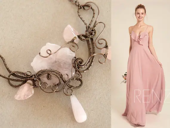 Floral Wedding Necklace, Wire Wrapped Statement Jewelry, Rose Quartz Pink Gemstone, Nature Inspired Romantic Anniversary Gift For Her