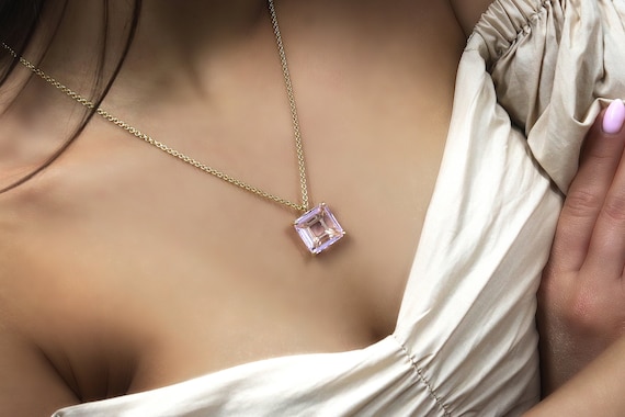 Square Cut Fine Rose Quartz Pendant Necklace · Pink Quartz Necklace · Square Pendant · Long Pendant Necklace · Pink Necklace