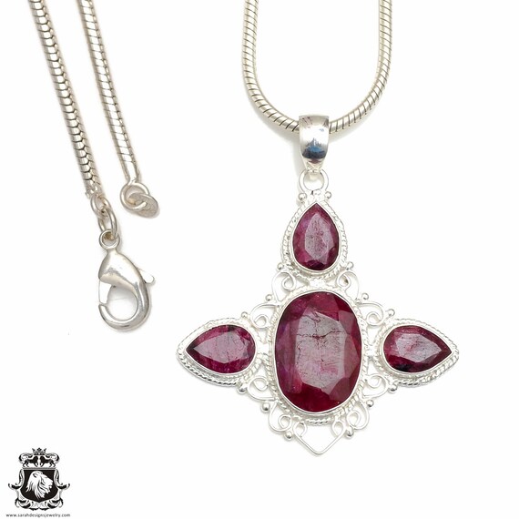 3 Inch Ruby Necklace 925 Sterling Silver Pendant & 3mm Italian 925 Sterling Silver Chain P8970
